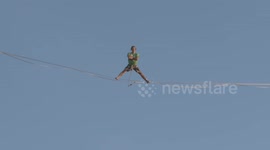 Amazing tricks by world record holding slack liner over Belgium