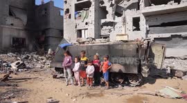 Palestinian family turns abandoned Israeli armored vehicle into shelter in Jabalia