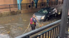 Severe flooding strands car in Bayonne, New Jersey, USA
