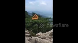 Buddhist monk meditates on top of tree