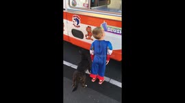 Toddler and his dog go to buy ice cream together