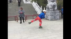 Elderly woman holds bottles on head while playing roller skating
