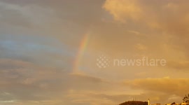Autumn love between birds  with a beautiful rainbow as background