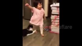 Hilarious moment cat trips toddler