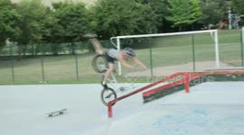 Skateboard Causes BMX-er to Rail Facepant Badly