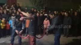 Chinese man puts one-metre-long firecracker between his legs and lights it