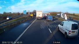 Van vs BMW. Car nearly force under lorry trailer.
