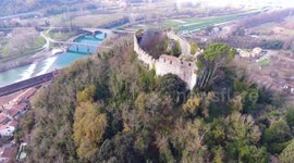 Aerial shot, medieval ruins on the hill, overcast weather, Europe, filmed with drone