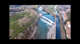 Wintery aerial shot of river in Tuscany