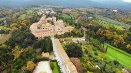 Aerial shot, a small ancient town situated in the middle of rural landscape