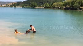 children still do not know how to swim and they arranged for a dog walking on the lake.