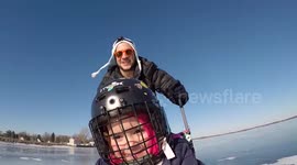YouTuber Viva Frei takes his daughter 'stroller-skating' on frozen lake