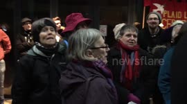 Aberystwyth, Ceredigion, West Wales, UK, 30th January 2017: Crowds of people turn out in fowl weather to show their solidarity against President Trumps so called Muslim Ban.
