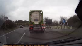 Lorry almost tips over on UK motorway