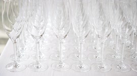 Raws of empty flutes at the wedding catering, 4K