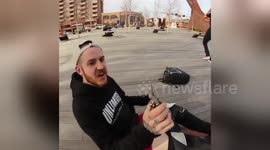 Skateboarder removes massive splinter after face-planting on wooden surface