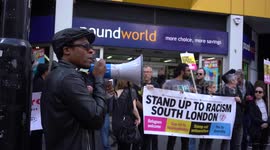 Brian Richardson of Stand Up To Racism speaks at the demonstration against home growth terror gangs attacks a 17 year old asylum in Croydon