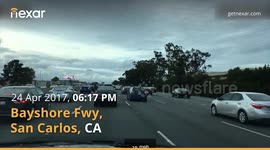 Car merges into speeding motorcycle causing major collision on Bayshore Freeway, CA