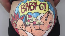 Artist paints pregnant sister's belly with pizza-eating baby because of her cravings
