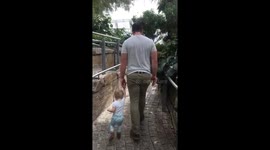 Cutest moment ever - baby wants to hold hands and walk together