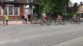 Winner Flora Duffy leading the women's triathlon race while passing through Headingley in Leeds