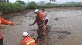Firefighters rescue elderly woman trapped in muddy pond