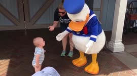 Donald Duck helps cute baby to take first steps
