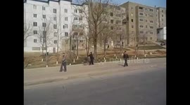 North Korea. DPRK. Village views from the bus. People on bikes. 2015