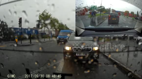 BMW runs red light and over takes a car the stops for the red light but ...