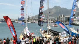 Clipper Round the World Race Cape Town Departure from Key October 31 2017 with each clipper untying & moving away from pier watched by crowds at pier rail