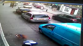 Hilarious moment a spooked dog ran through town centre with a lottery sign hurtling behind it.