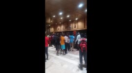 Protesters tear down #RobertMugabe portrait from inside HICC and hoist Emmerson  Mnangagwa's image. The last time they were here, they were demanding the ouster of VP Mphoko from the hotel. Now they celebrate both men's downfall.  #ZIMBABWE https://t.co/V