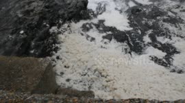 Sea foam blown up by strong winds at Porthleven