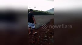 Cold lava flows from Mount Agung volcano in Bali