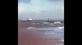 Ship fight storm wind and sea to get in river