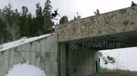 Skier flies into a sketchy cement wall