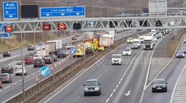 Accident on M62 J26 eastbound. Truck in Central reservation.