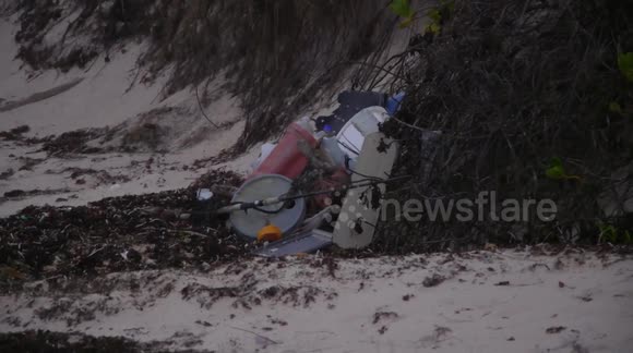 Bahamas Beach Trash Washed up Floatsum in sargassum seaweed wrack