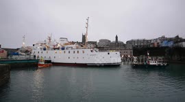 The Scillonian passenger ferry leaving dry dock in Penzance