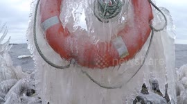 Beast From The East: Life buoy frozen solid in spectacular ice