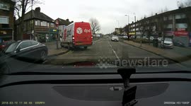 DPD delivery driver goes through no entry and parks his van on the kerb not letting anyone through.
