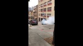 Truck burns rubber after ramming into parked van