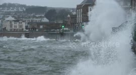 Waves batter Penzance in Cornwall, flood alerts in place