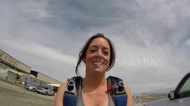 FEMALE Inverted skydive exit from biplane raw clips girls rule haha