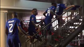 Chelsea players go up to collect the FA Cup after beating Manchester United