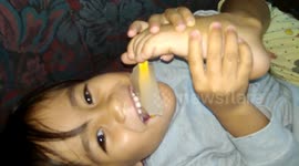 Kids bribe food with their feet