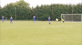 Goalkeeper misjudges tame shot resulting in epic fail