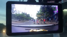 The accident between the car and the woman ride motorbike
