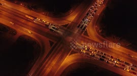 Night time highway timelapse at intersection road ambient urban cityscape dark road light
