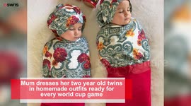 A mum has made her two-year-old twins homemade outfits to represent the opposing teams - in EVERY World Cup game